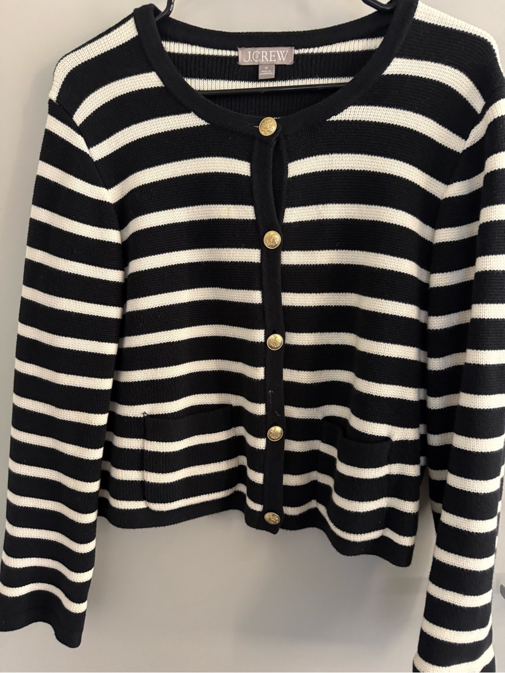 J.Crew Black & White Striped Button-Up Sweater